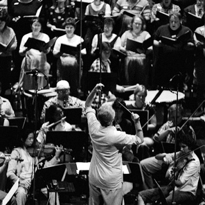 Conductor Nick Strimple and members of the Choral Society of Southern California, Los Angeles Zimriyah Chorale and Young Musician's Foundation Debut Orchestra